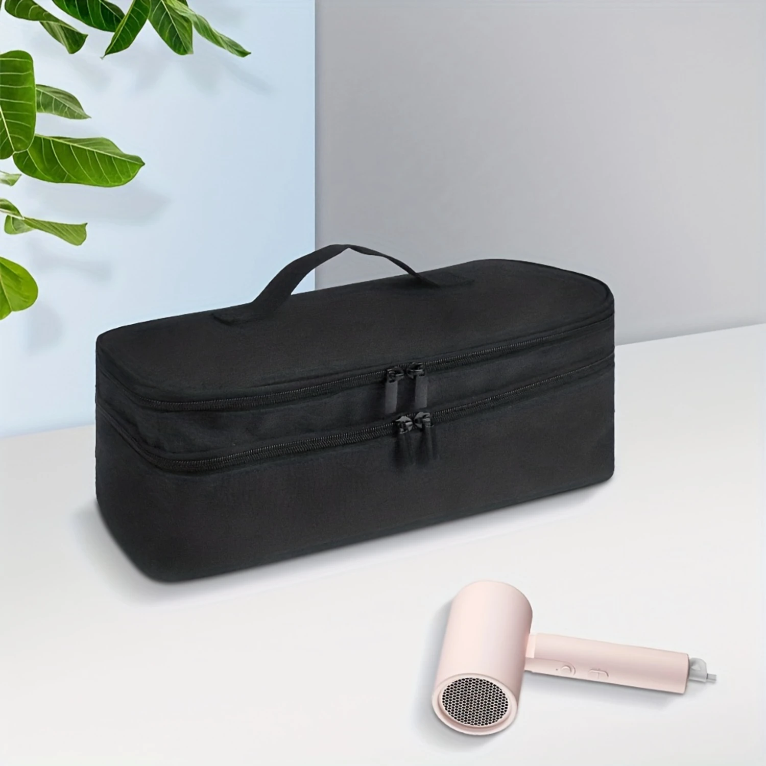 Double-Layer Travel Organizer Bag for Hair Dryer, Attachments, Large Capacity Makeup Bag with Handle