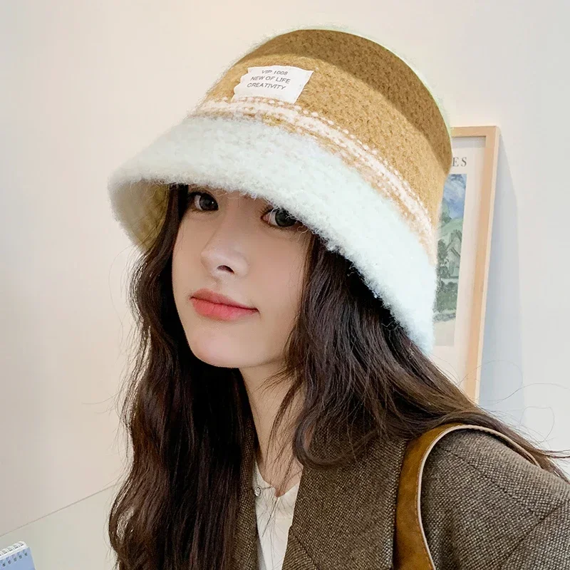 Winter Women Basin Hat Color Blocking Fisherman Hat Warm Bucket Hat Plush Female Style Versatile for Daily Use Girl Decorate