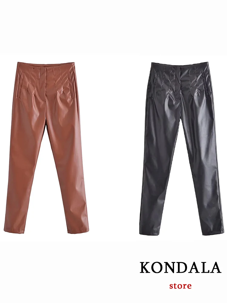 KONDALA Modern Office Lady Black/Brown Faux Leather Pants Women Fashion Autumn High Street Straight Trousers Cool Female Pants