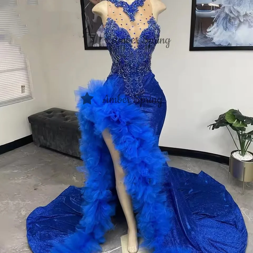 Charming Red Prom Dresses Black Girl Crystal Lace Evening Gowns Ruffle High Side Slit Birthday Party Robe Customized