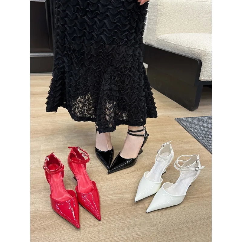 Women Shoes 2024 Spring Pumps Summer High Heels Sandals Ladies Clogs On A Wedge Latest Roman Style Hollow Patent Leather Branded