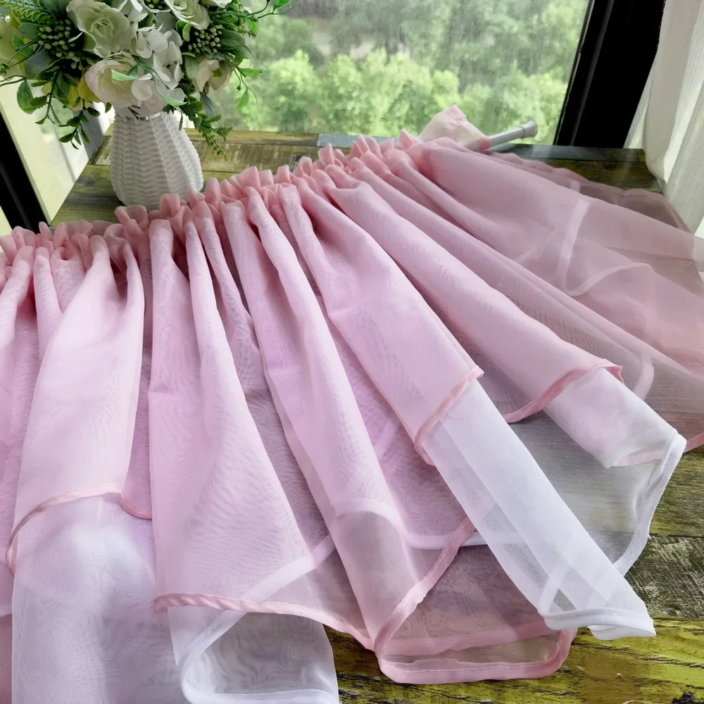 Pink White Staggered Tulle Short Curtains for Kitchens Extra Wide Windows Wavy Ruffled Valance for Doorway Rod Pocket Drapery