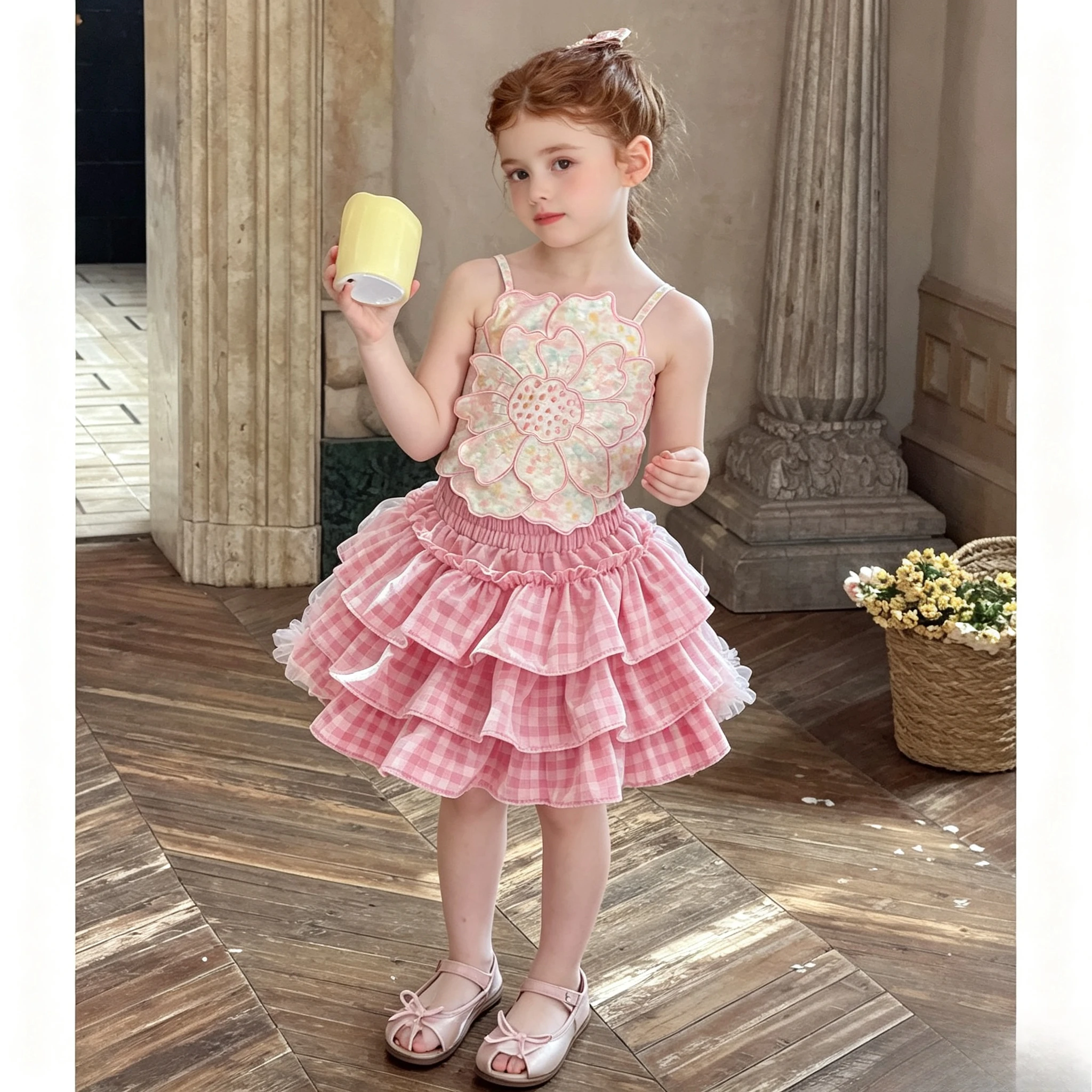 Girls Skirt 2026 Summer Middle Big Kids Stylish Versatile Dragon Fruit Plaid Girl Solid Stack Cake Skirt