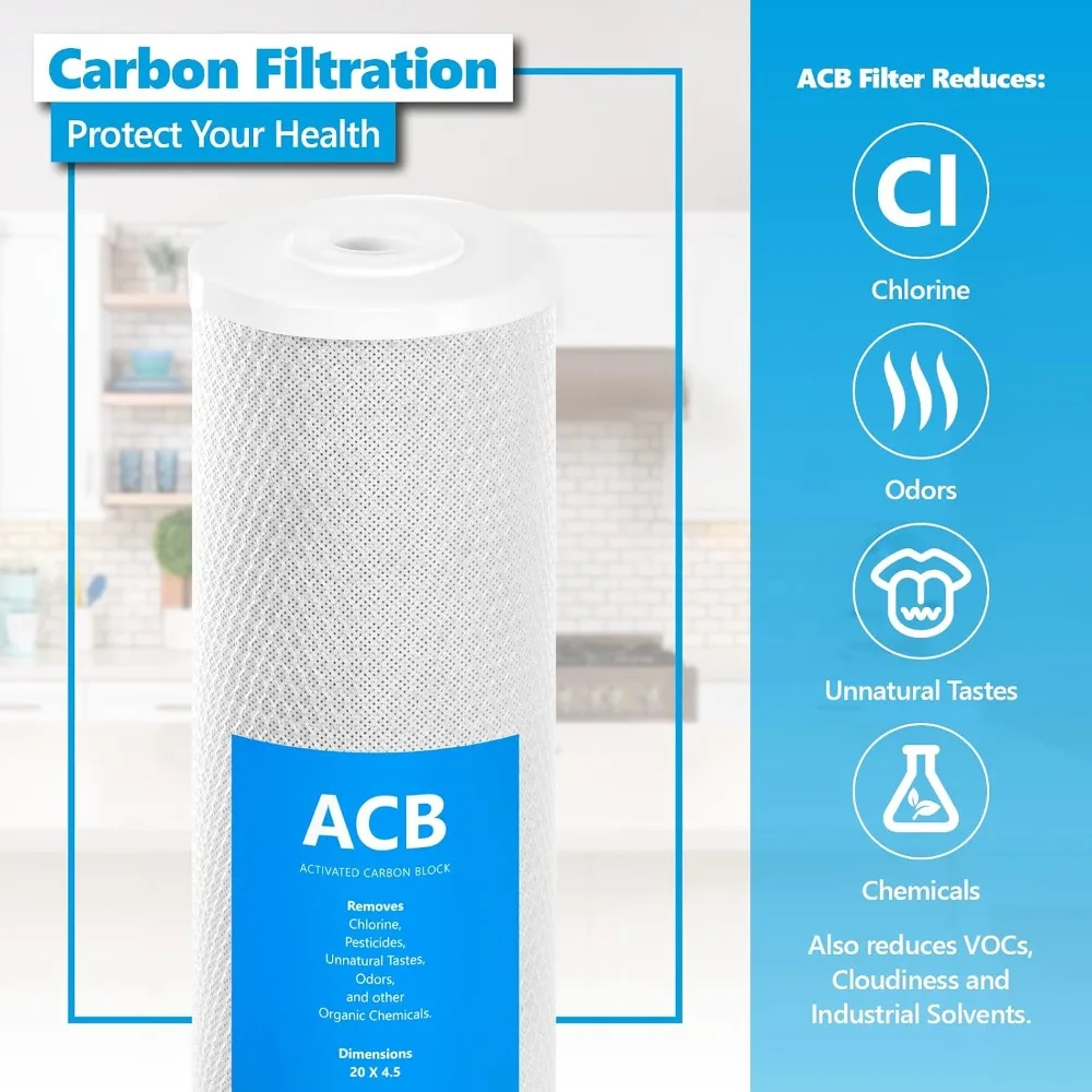 6 Pack Activated Carbon Block Water Filter Replacement 5 Micron 4.5 x 20 Inch Whole House Filtration