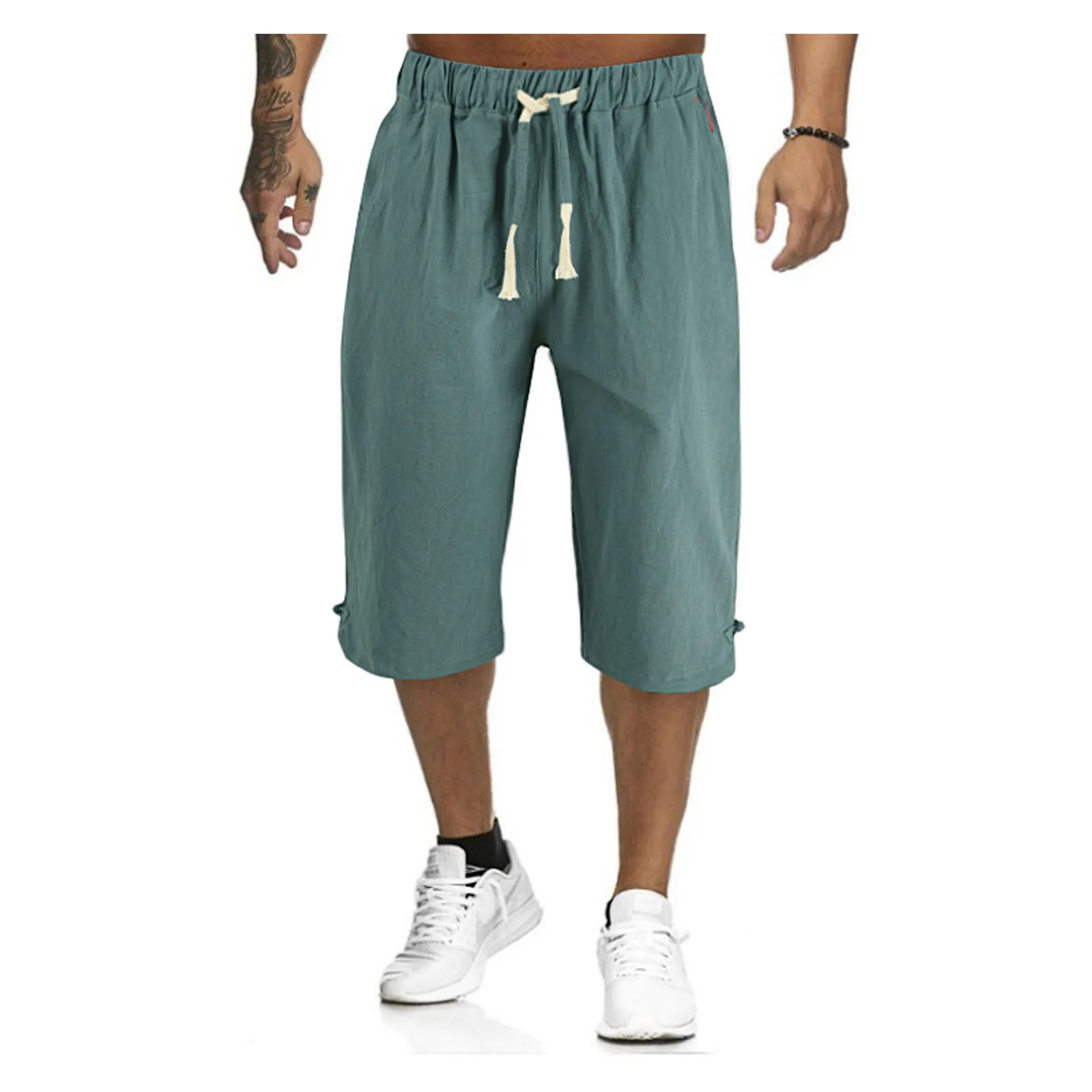 Men\'S Loose Tie Cotton Linen Casual Pants Elastic Waist Beach Pants Linen Cropped Pants Mens Clothing Fashion Man 2024 남성의류