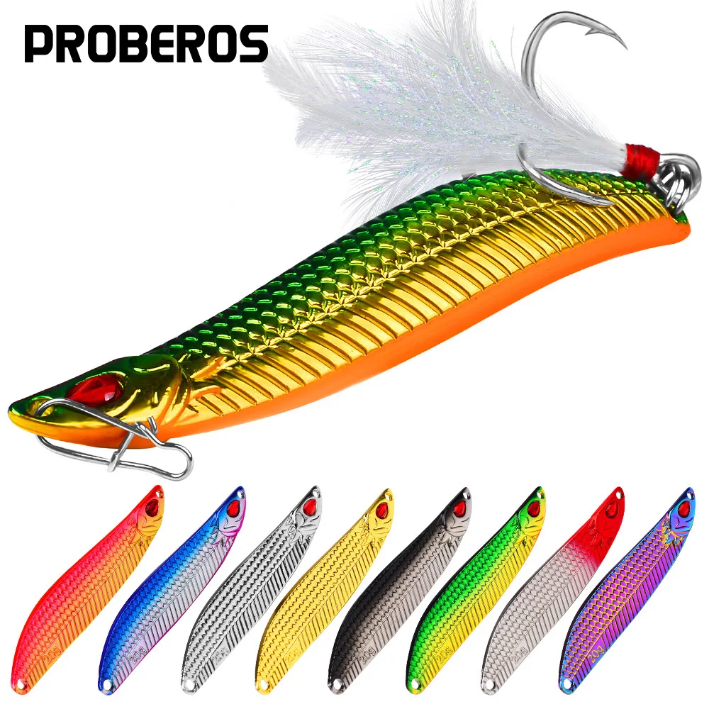 PROBEROS 1Pcs Sinking VIB Metal Lure 7/10/15/20g S-shaped Leech Sequin Blood Groove Feather Hook Lure Bionic Fake Bait