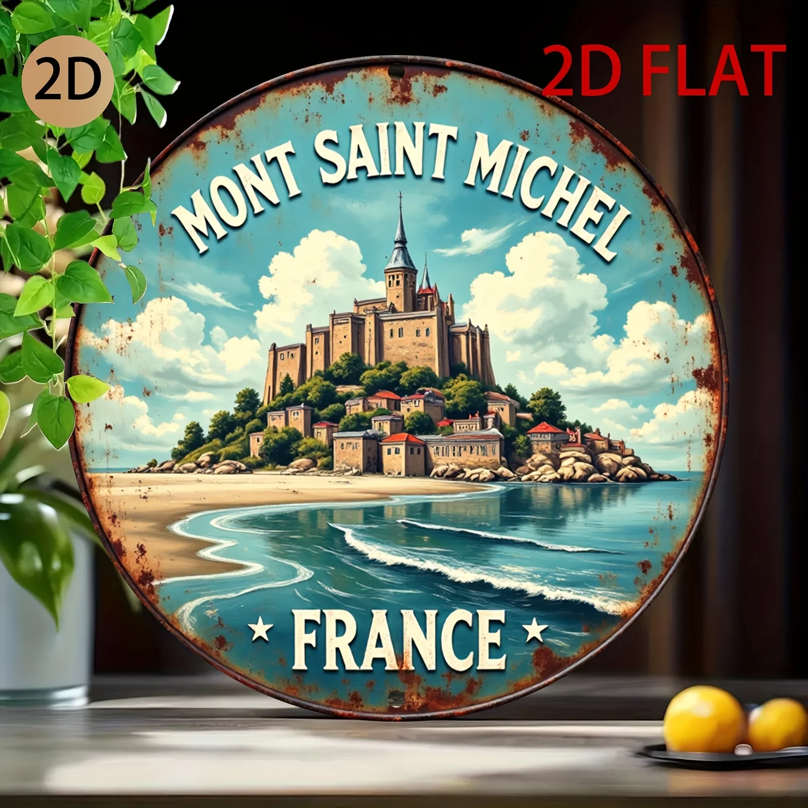 2D flach 1 Stück Vintage Mont Saint-Michel Holzkunst – ländliches kreisförmiges Holzschild, Vintage-Dekoration mit französischem Thema