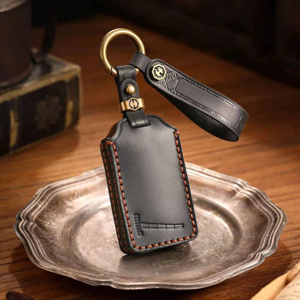 Genuine Leather Full Cover Car Key Case for Volvo EX30 2025 EX30 Ultra Plus, Anti-Scratch Shockproof Key Fob Cover with Lanyard