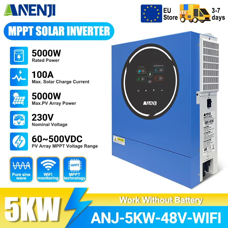 ANENJI 5KW 48V 4.2KW 24V Hybrid Solar Inverter 220Vac Off Grid Tie MPPT Photovoltaic Pure Sine Inverter 100A Solar Charger PV 500VDC