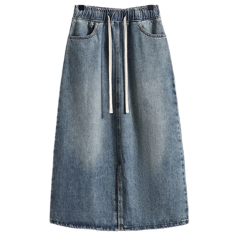 Large Size Elastic Waist Denim Skirt Women\'s Korean Solid High Waist All-Matched A-Line French Split Midi Skirt M-4XL