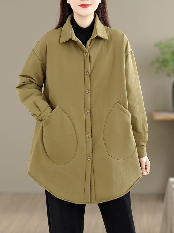เสื้อโค้ทผู้หญิงสไตล์เรโทรทรงหลวม ความยาวปานกลาง ไซส์ใหญ่ ผ้าฝ้าย รุ่นเกาหลี แขนยาว