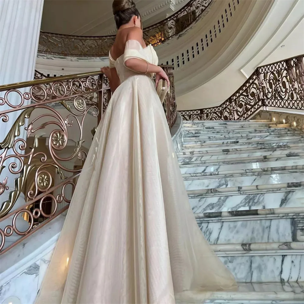 Luxury Tulle Off the Shoulder Strapless Prom Dresses Pleated Corset Sleeveless Formal Party Dress A-Line Long Saudi Evening Gown