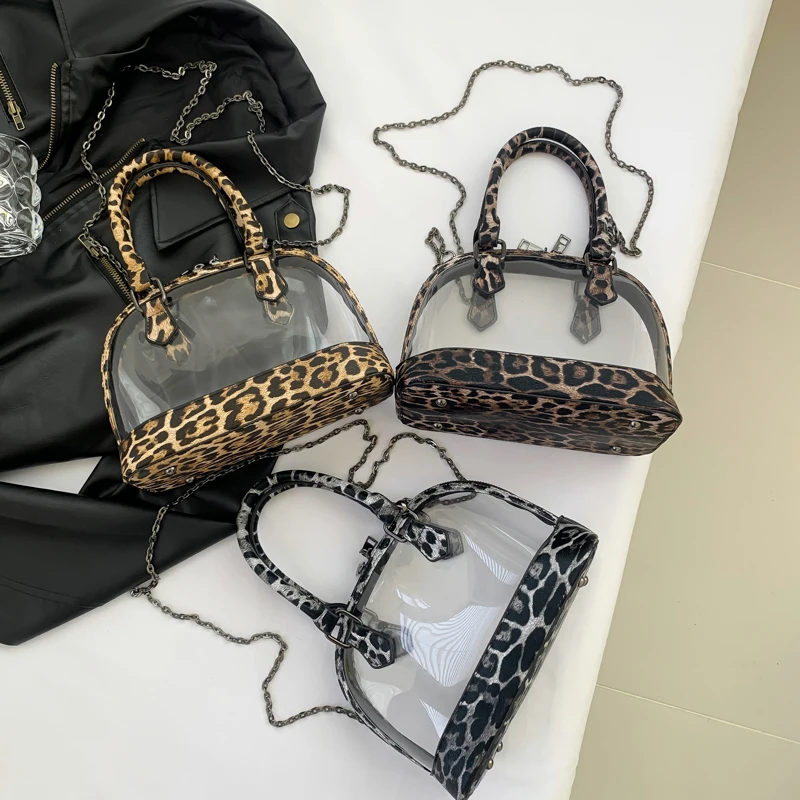 Brand Shell Handbag Bag For Women Vintage Khaki Leopard Leather Shoulder Bag Female Waterproof Transparent PVC Crossbody Bags