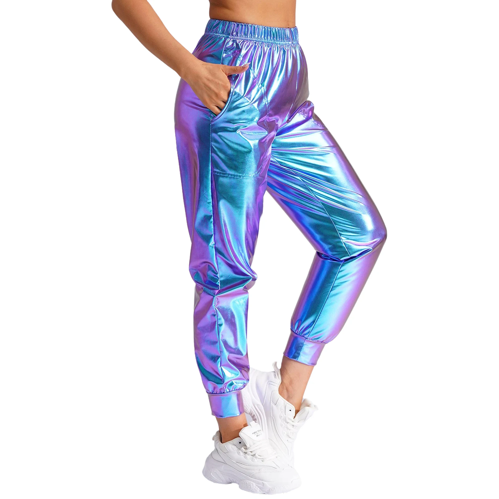 Womens Shiny Metallic Pants High Waist Elastic Waist Sports Pants Trousers Modern Jazz Dance Rave Party Clubwear Streetwear