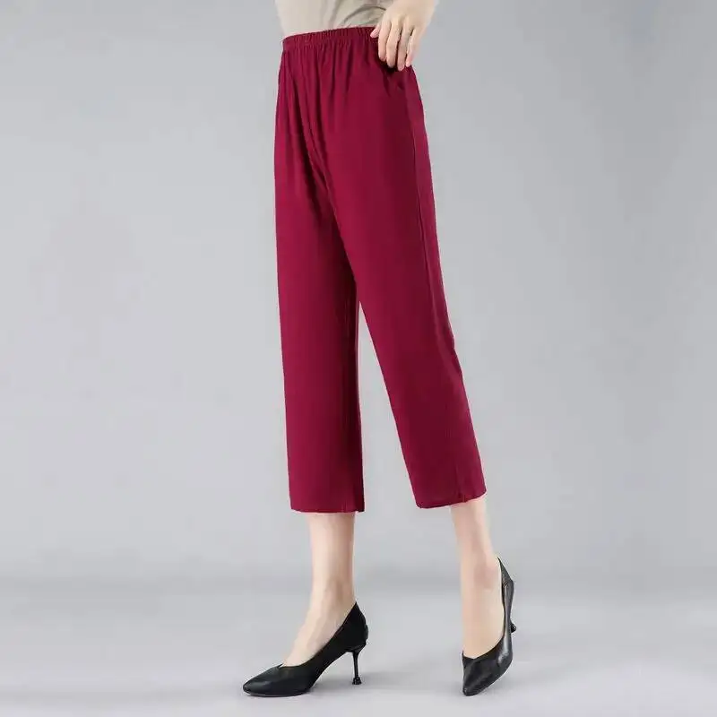 2025 Summer Women Casual Thin Capri Pants Fashion Hight Elastic Waist Straight Leg Pants For Middle-aged Mothers