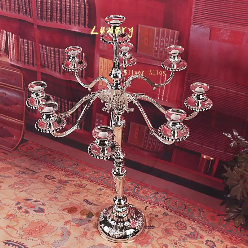 Large Luxury Retro Home Decoration Table Wedding Silver 9 Arms Candlestick Holder Elegant Wedding Metal Candle Holders Tall