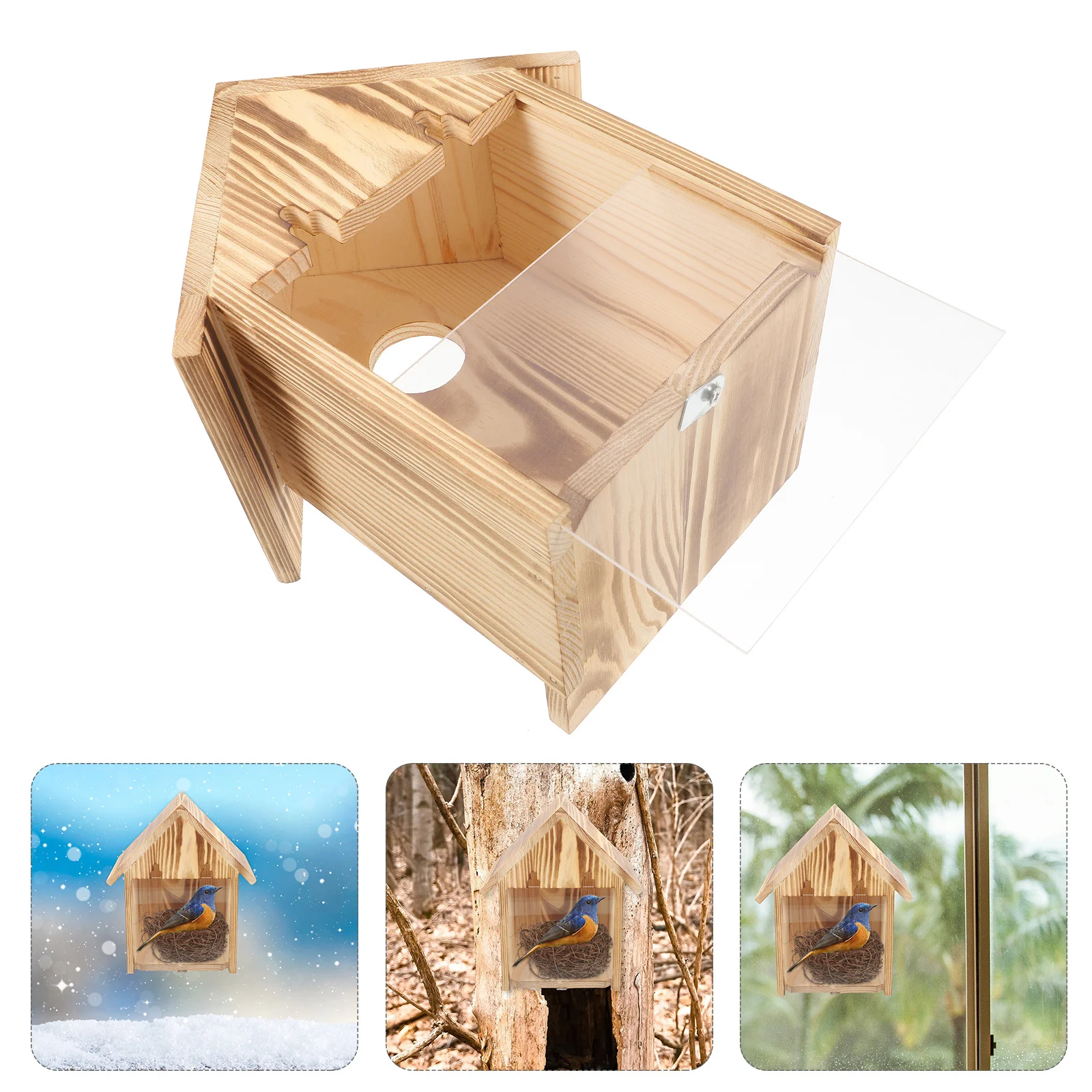 

Wooden Hanging Birdhouse Outdoor with Clear Viewing Window Sturdy Hook Bird Nest Box for Birdwatching Garden Decoration