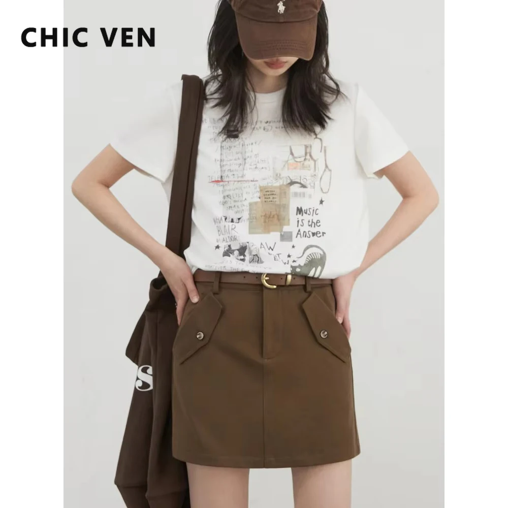 

CHIC VEN новые женские мини-юбки однотонные хлопковые тонкие юбки трапециевидной формы с высокой талией рабочая одежда женская короткая юбка весна-лето 2025