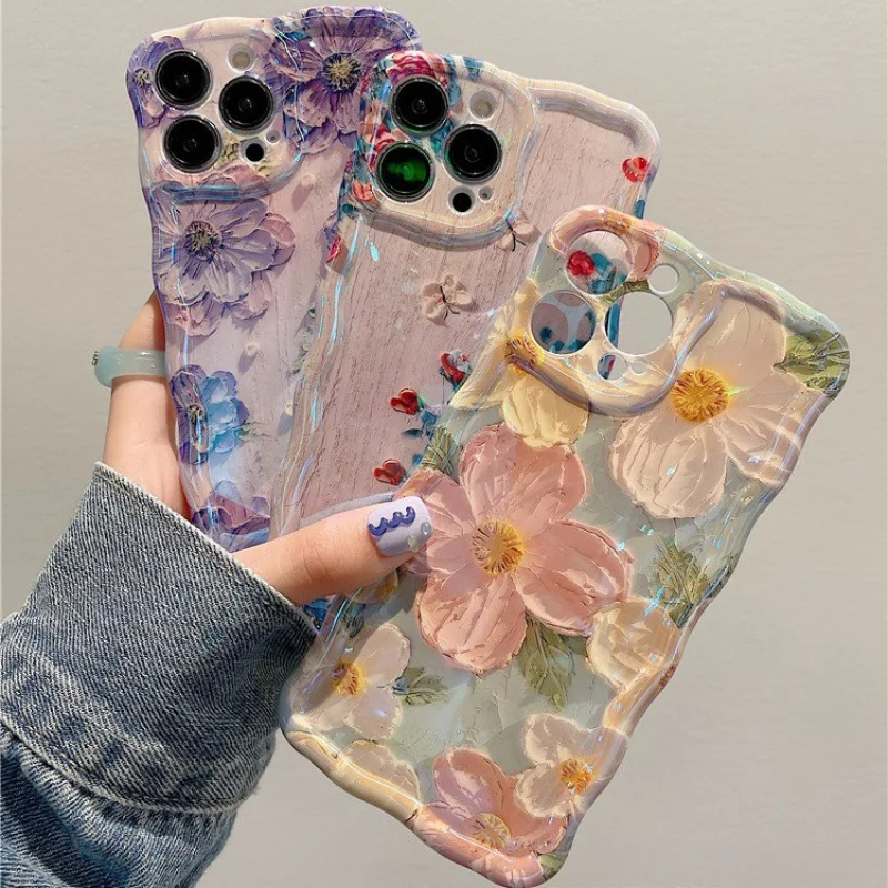 1 PC Luxury Laser Oil Painting Flowers Phone Cases For iPhone 16 15 14 13 12 11 Pro Max Plus image 6