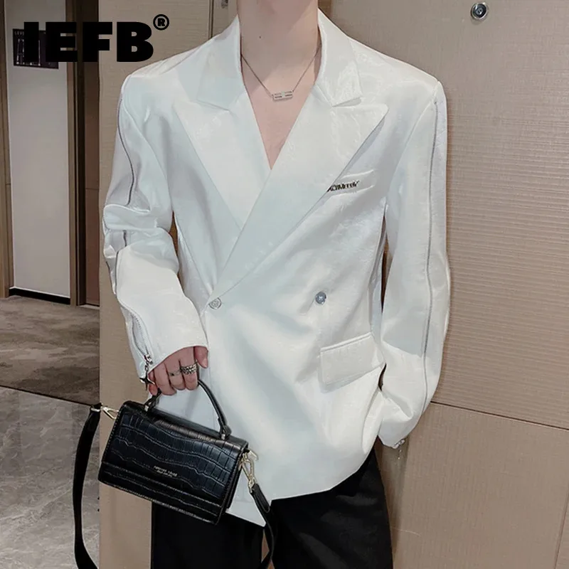 

IEFB Lapel Men's Suit Jackets Personalized Liquid Shoulder Padded Zipper Design Pockets Solid Color Male Blazers Spring 9C4922