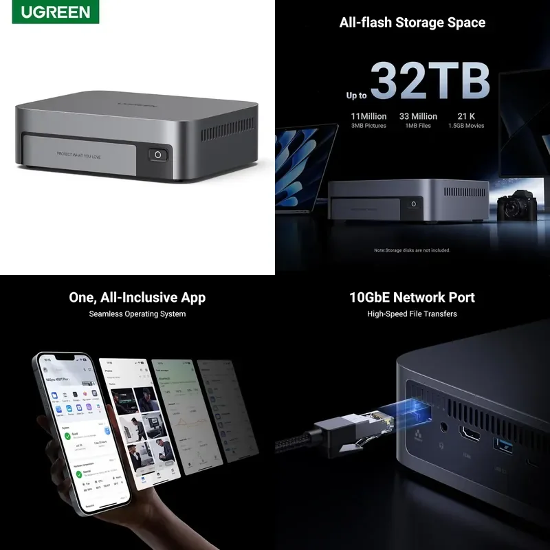 Brand for UGREEN NASync DXP480T Plus 4 Bay All Flash SSD NAS I5 1235u 10Core CPU 8GB DDR5 RAM 128G SSD Network Attached