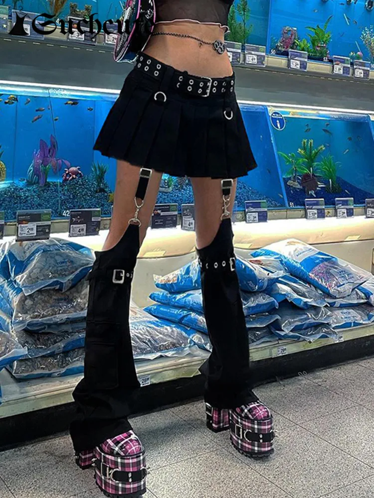 

SUCHCUTE Gothic Women Mini Pleated Skirts With Trouser Leg Punk Style Low Waist Belt Skirt Clothes Chic Dark Academic Streetwear