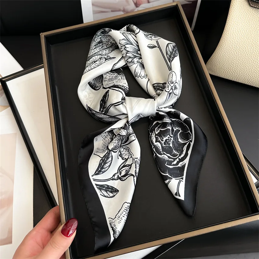 Black White Scarf 70X70cm Square Scarf Silk Scarf Classic Vintage Print Scarf Kerchief Popular Silk Scarves Bandanna Suit Scarf