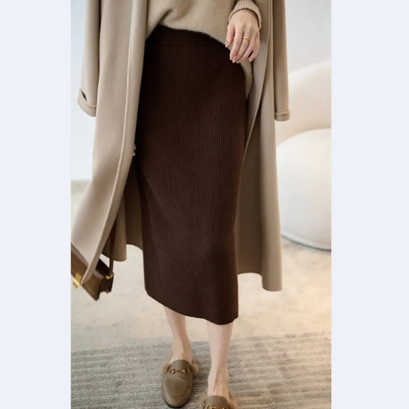 Autumn and Winter New Wool Alpaca Elastic High Waist Ribbed Knitted Straight Slim Fit Skirt for Women