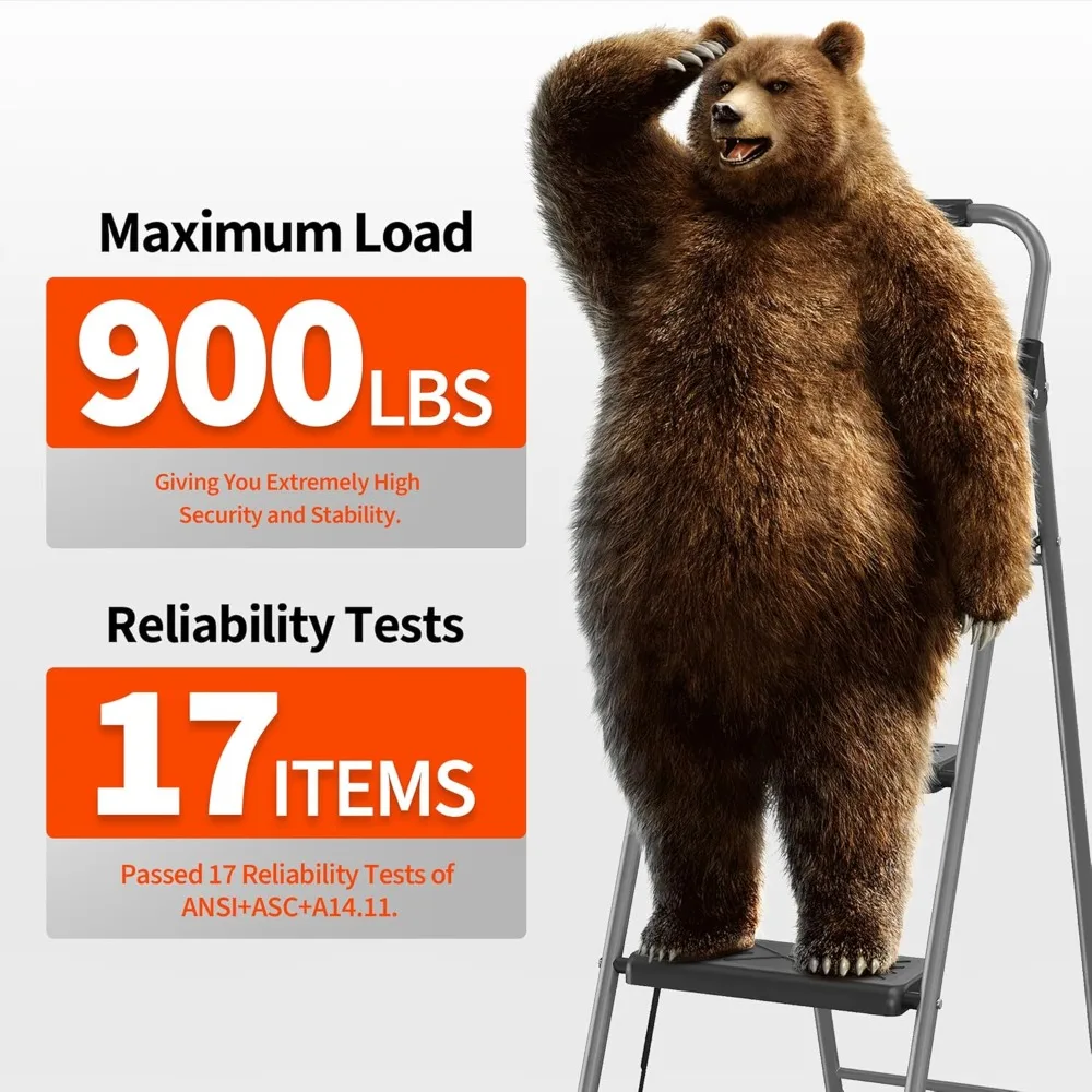 سلم قابل للطي بثلاث خطوات مع دواسة مضادة للانزلاق، مقعد فولاذي بسعة 900 رطل لسلامة المكاتب المنزلية