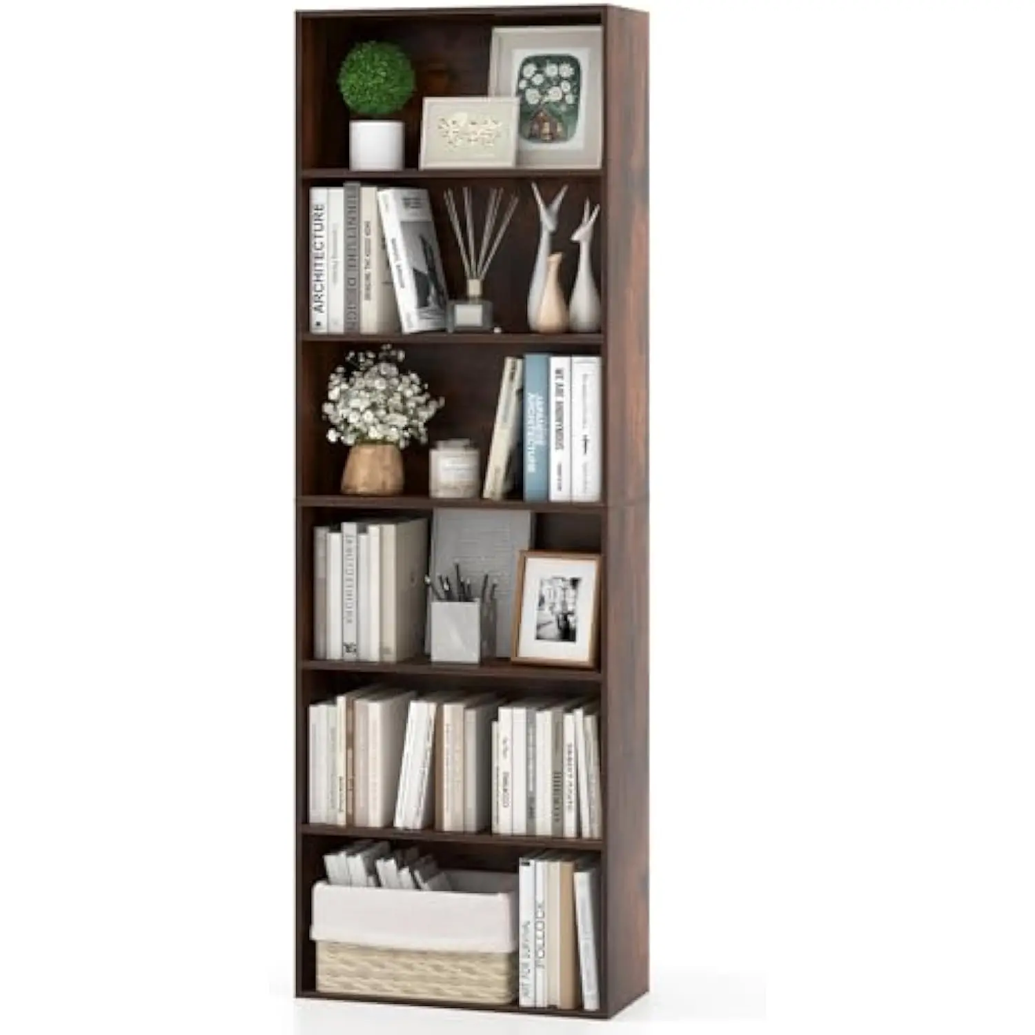 

6-Tier Bookcase, 70 Tall Wooden Bookshelf, Freestanding Storage Organizer W/Open Shelves, Anti-Tipping Kits, Modern Floor Stan