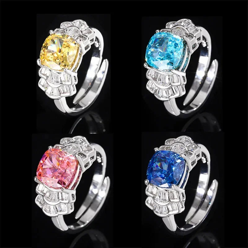 

Adjustable Cushion Cut Crystal Ring for Women Available in Yellow Pink Blue Aqua Sparkling Luxury Design Perfect Gift Jewelry