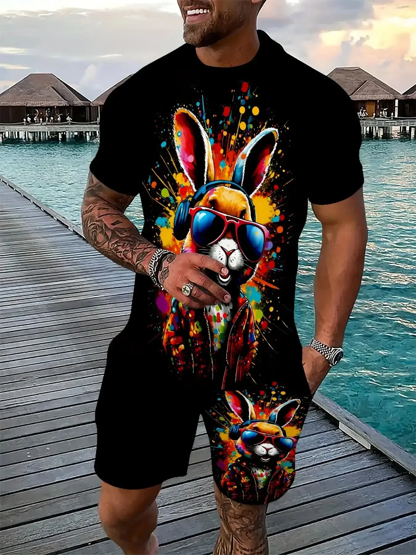 

A 3D rabbit print street casual fashion soft comfortable breathable and lightweight men's suit for the summer of 2025