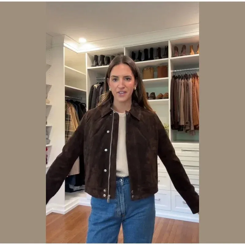 

Retro Brown Long Sleeve Women Lapel Jacket Loose Zipper Button Pockets Patchwork Female Jackets 2026 Spring Lady Outwear New