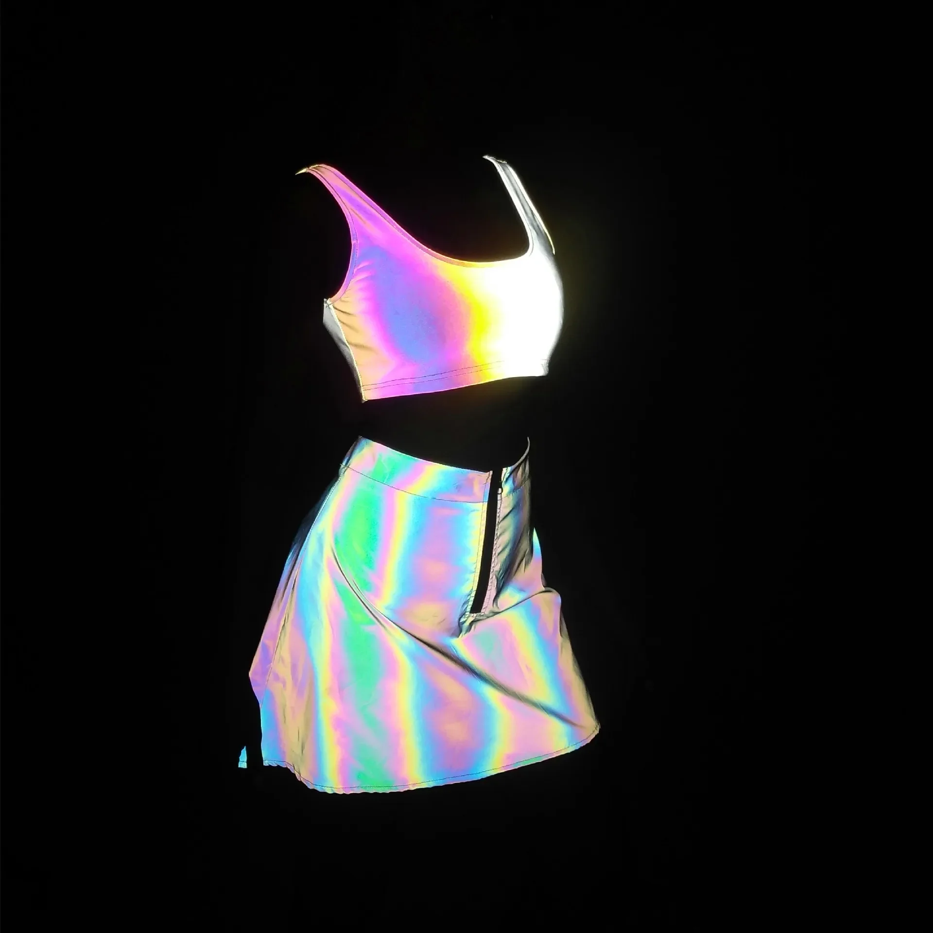 

Rainbow Color Reflective Tank Top Skirt Party Rave Outfit Nightclub DJ Stage Performance Wear Kpop Hip Hop Clothing Gogo Costume