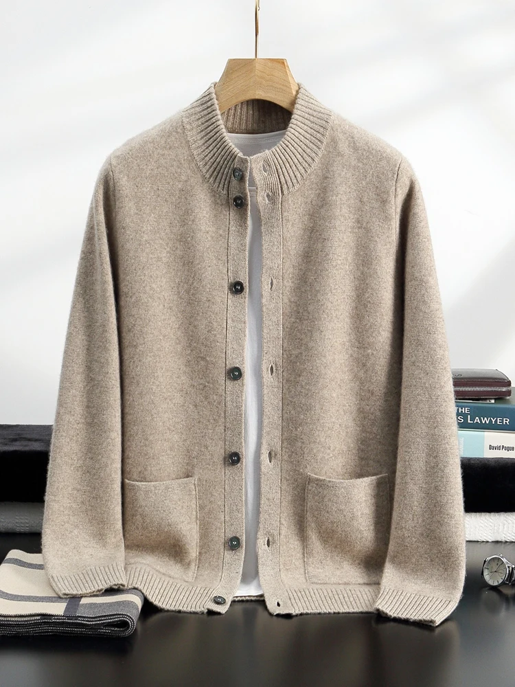 

High Quality Men 100% Cashmere Sweater Autumn Winter Thick Buttons Cardigan Mock-neck Smart Casual Coat Warm Cashmere Knitwear