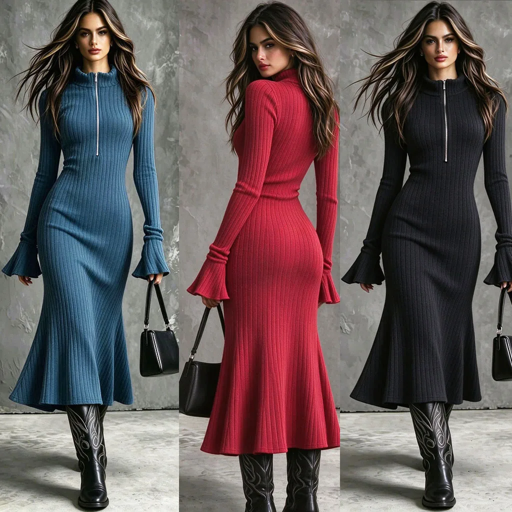 Women's Button-Down Half-Zip Pullover Sweater Dress with Long Sleeves, Flared Cuffs, Full Hip Hem, and Ruffled Fish Tail Bottom