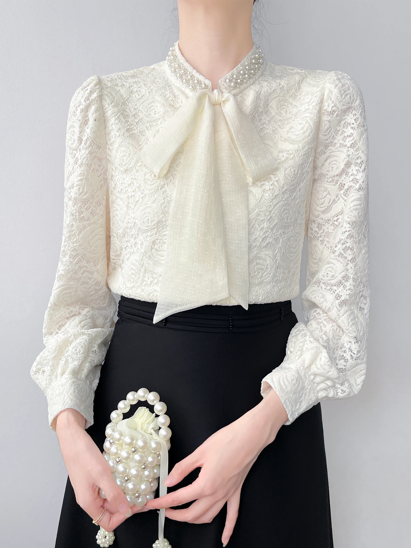 

Корейская женская теплая кофта с флисовой подкладкой, базовый слой, с кружевным дизайном, узлом и бусинами, топ