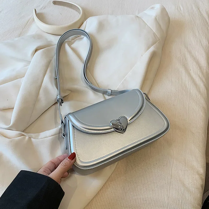 Love Buckle Silver Crossbody Shoulder Bags For Women 2023 Y2K Small Purse PU Leather Luxury Brand Females Underarm Bag Handbags