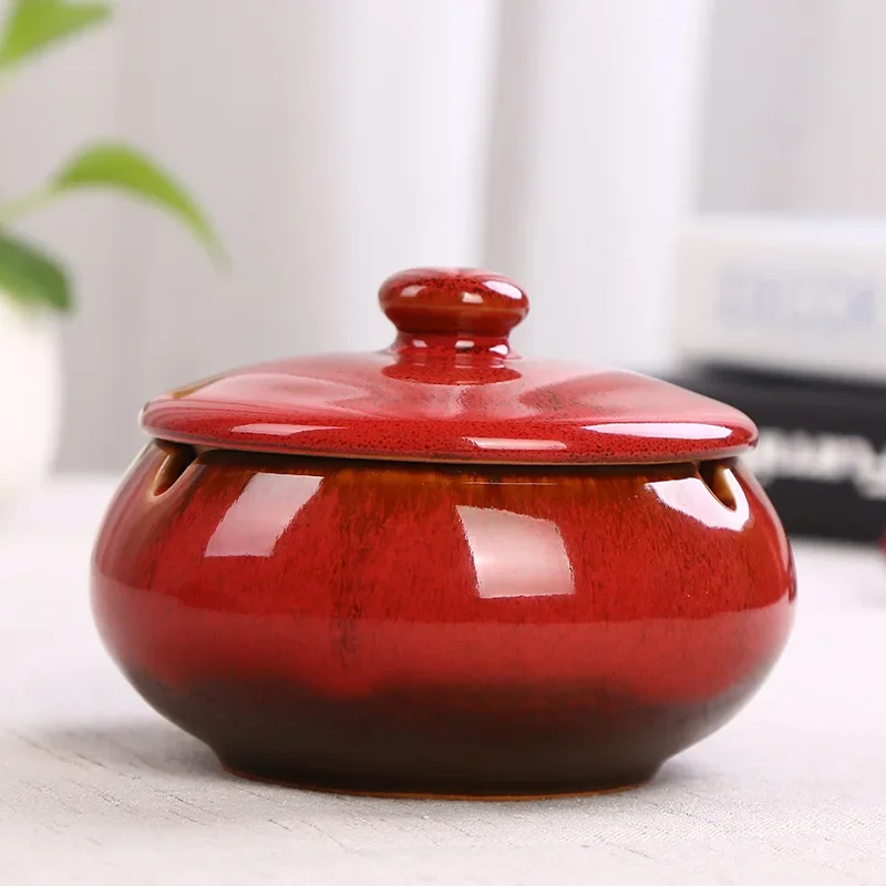 

Creative Kiln Variable Glaze European-style Ceramic Ashtray with Cover Desktop Ashtray Living Room Retro Ashtray Home Decoration