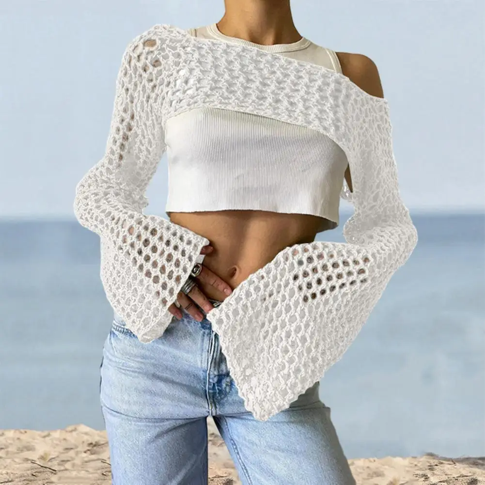 Women Sweater Cover Up Crochet Knit Hollow Out Crop Top Stylish Comfortable Blouse Streetwear for Autumn