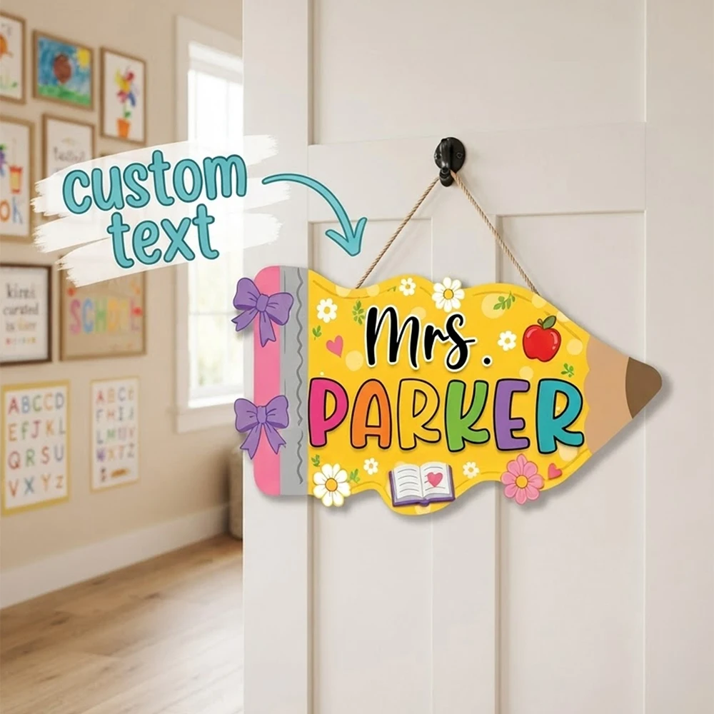 Personalized Custom Name Wooden Hanging Plaque,  Pencil Shaped Teacher Door Sign,Teacher Appreciation Gift, Wall Decoration