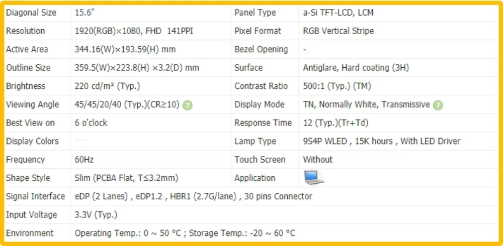 NT156FHM-N41 NT156FHM N41 15.6 inch FHD 1920x1080 No-touch Laptp Display Screen TN Panel 60Hz EDP 30pins