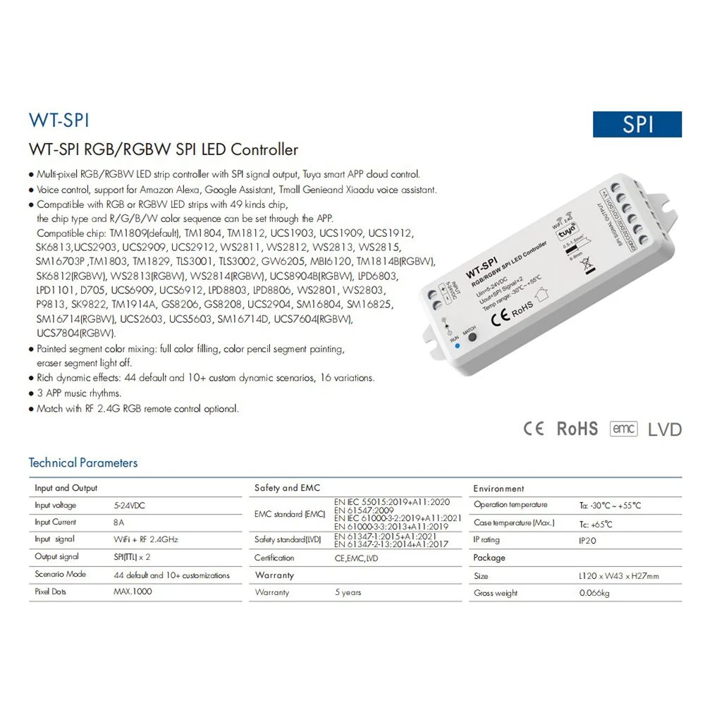 WT-SPI WiFi Tuya RGB RGBW SPI Kontroler LED dla WS2815 WS2812B WS2811 Pixel GS8208 Taśma LED 2.4G RF Remote Alexa Google