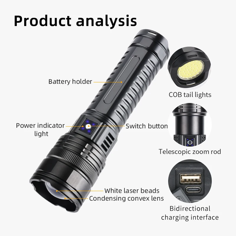 Zoom Search Light Pesonal Defense Military Tactical Flashlights Very Strong Flashlight With USB Charging Torch Rechargeable LED