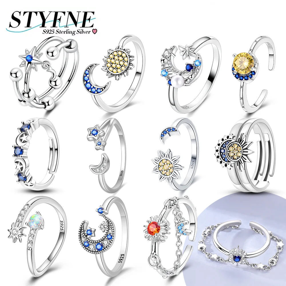 925 Sterling Silver Zircon Split Ring Star Moon Series Stars Moons Sun Rings for Women Party Anniversary Jewelry Birthday Gifts