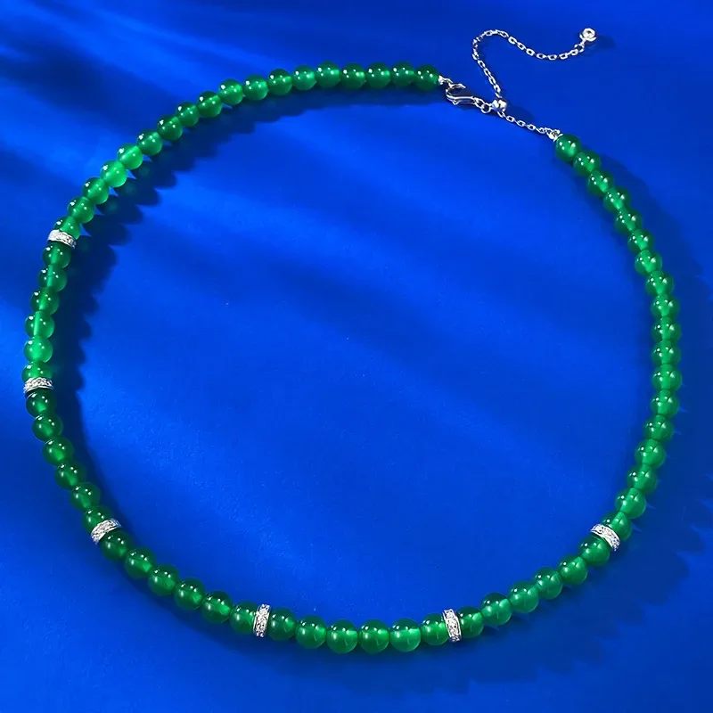 Green Jade Marrow Bead String Ice Emperor Green Silver Inlaid Pendant Versatile 6.0mm Full String Necklace 40+8 Wedding Jewelry