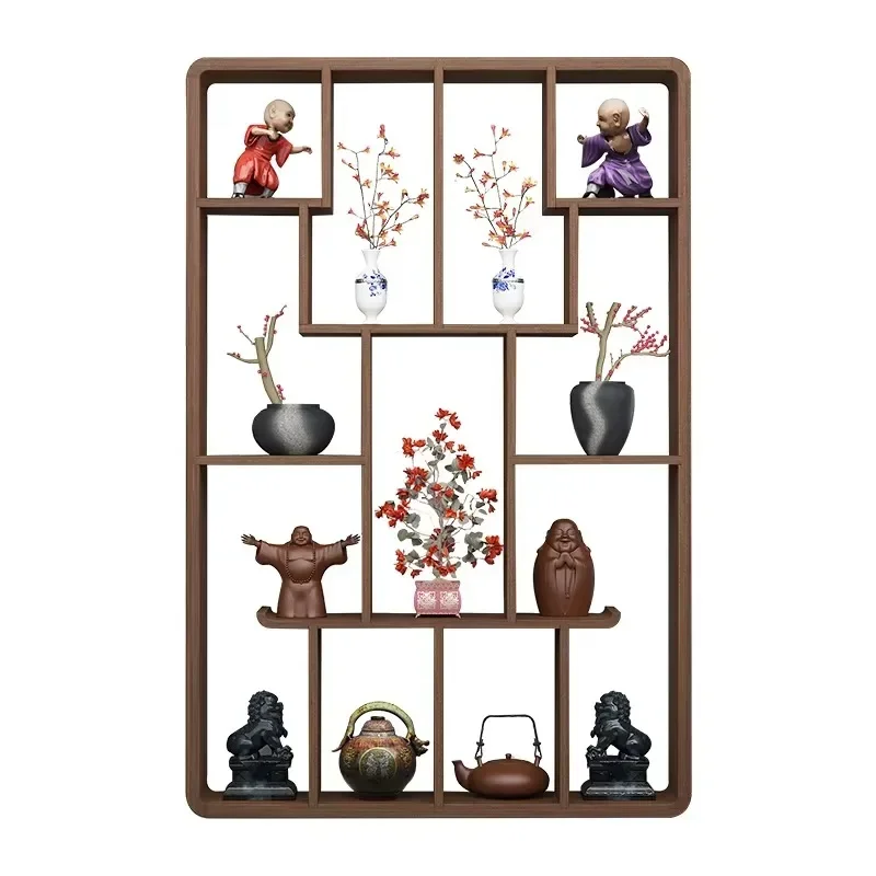 

Chinese Style Solid Wood Wall Shelf, Simple Hanging Display Rack, Multi-Compartment Tea Organizer, Modern Tea Room Decor