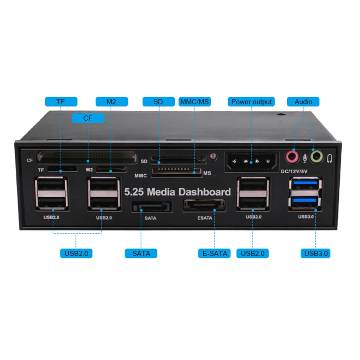 B47C 5.25 Inch Media Dashboard with USB 2.0/3.0 E-SATA SATA Multi-Card Reader for Desktops