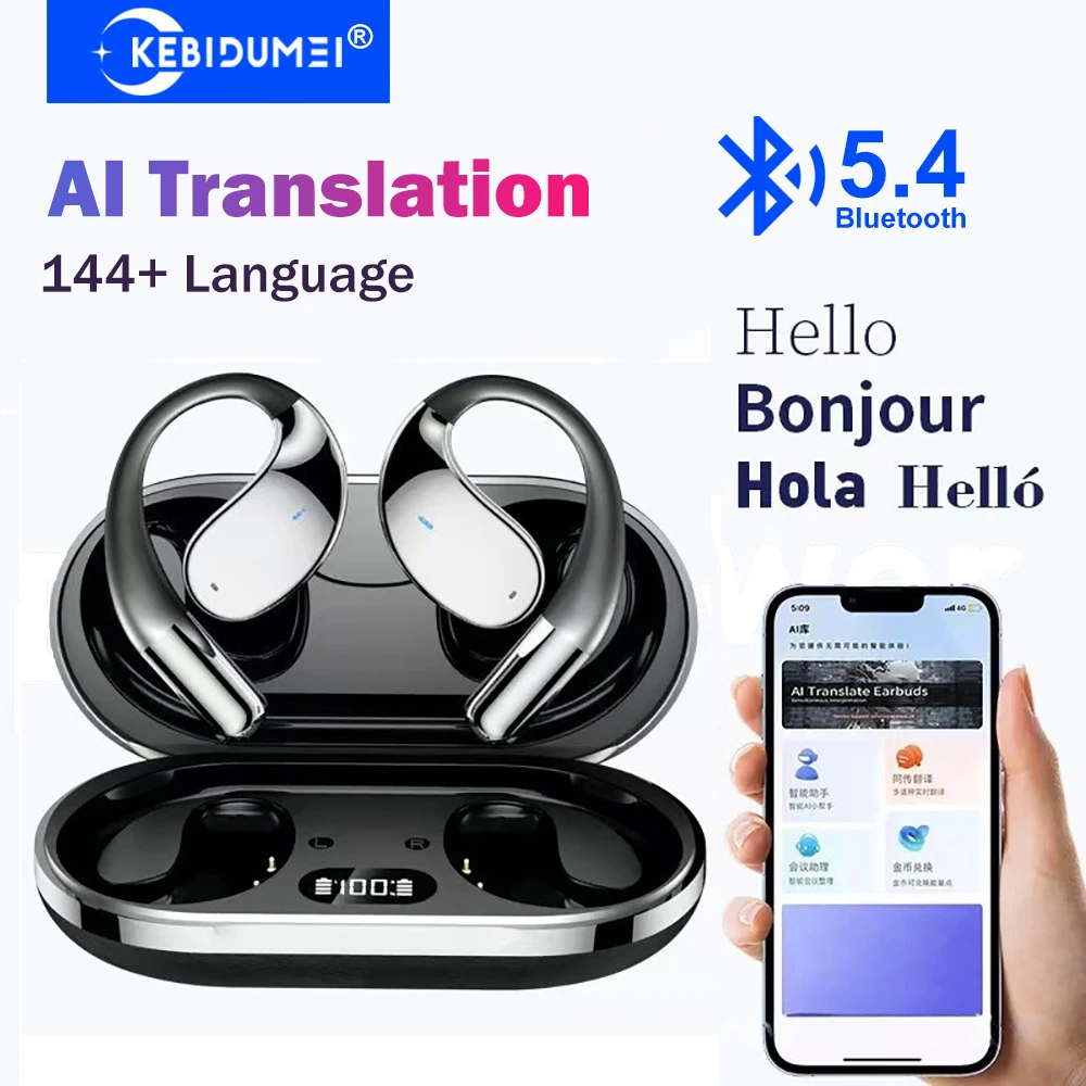 Écouteurs Traducteurs Instantanés KEBIDUMEI AI Bluetooth 5.4 à Crochet d'Oreille, Casques HiFi pour 144+ Langues, Idéaux pour les Voyages et les Affaires