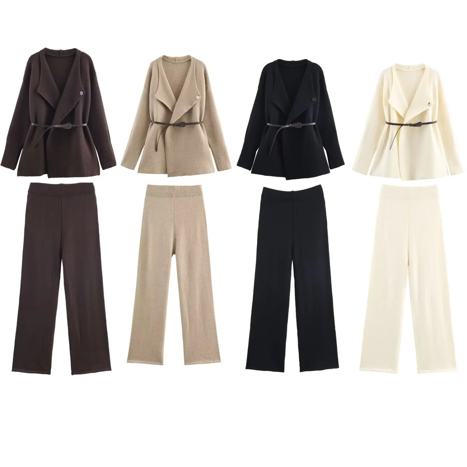 

Женский комплект свитера из 2 предметов, женский вязаный кардиган, куртка с поясом + широкие брюки для отдыха с эластичной резинкой на талии, осень-зима 2021, комплекты костюмов